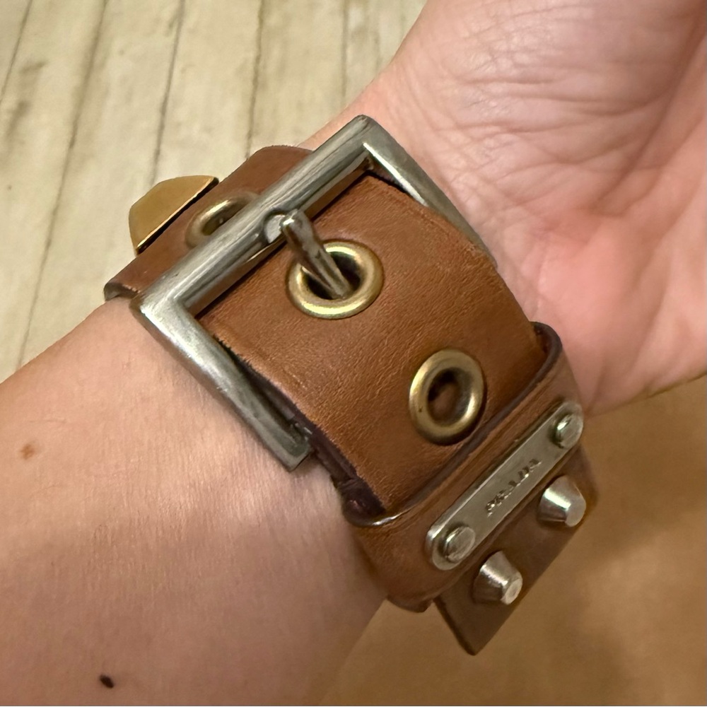 Vintage Prada Brown Leather Cuff with Gold and Silver Studs - Picture 2 of 8